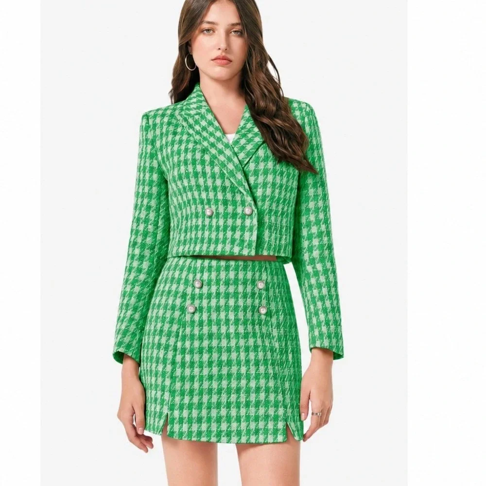 Cicy Bell Womens Green Cropped Tweed Blazer Skirt Set Suit M Tweed Houndstooth - Picture 1 of 12